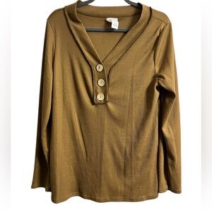 BiBi Women’s Waffle Knit V-Neck Top in Camel with Button Details